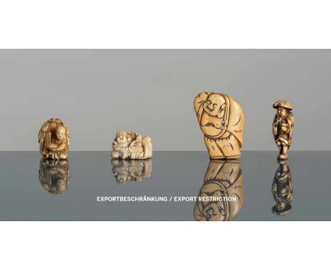   Vier Netsuke aus Elfenbein: Zwei Darstellungen von Hotei, Karako m. Kormoran und Sennin JAPAN, 18.Jh.-Meiji-Periode H. 3-7 