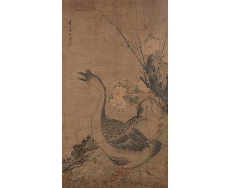   Zhu Qin CHINA, Qing-Dynastie 122 x 66 cm R. Gänse. Tusche und Farben auf Seide, unter Glas gerahmt. Provenienz: Ehemals aus