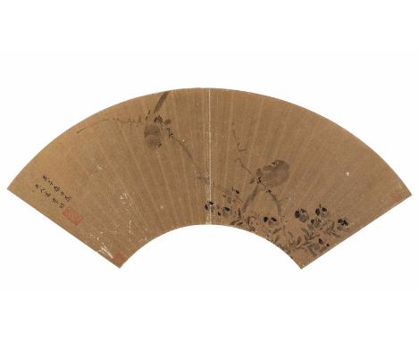   Li Yin (1616-1685) CHINA, datiert 1648 B. 49,1 cm Fächermalerei. Zwei Vögel auf Blütenzweigen. Tusche auf Gold pigmentierte