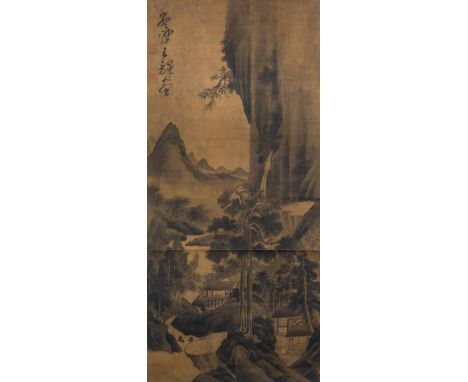   Im Stil von Wang Duo (1592-1652) CHINA, ca. 17. Jh. 124,5 x 57,8 cm Gelehrtenstudio unter einer Felsklippe. Hängerolle, Tus