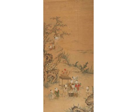   Stil von Jiao Bingzhen (tätig ca. 1689-1726) CHINA, Qing-Dynastie 108 x 49,5 cm Spielende Kinder im Garten, Hängerolle, Tus