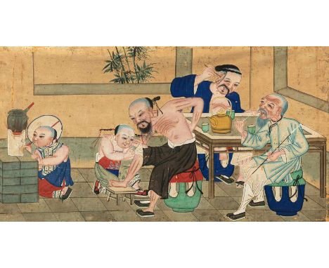   Anonyme Malerei: Männer und Knaben bei der Körperpflege CHINA, späte Qing-Dynastie/Republik-Periode 57 x 103 cm R. Provenie