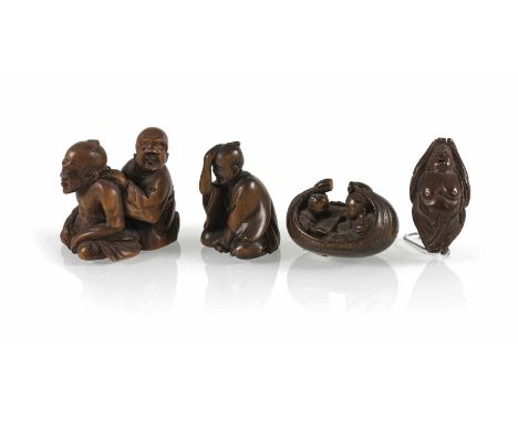   Vier Netsuke aus Holz/Fruchtkern: Masseur mit Kunden, Hotei, Hotei in einem Boot u. Mann JAPAN, eins signiert, 19.Jh./Meiji