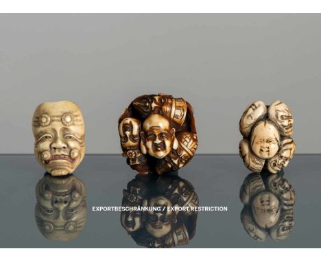   Drei Netsuke aus Elfenbein: zwei Gruppen von verschiedenen Masken und Okina-Maske JAPAN, eins signiert Kôichi, 19.Jh./Meiji