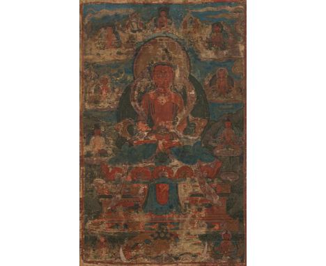   Thangka mit Darstellung des Amitayus auf einem Thron TIBET, 19. Jh. 56 x 38 cm R. Provenienz: Aus einer alten norddeutschen