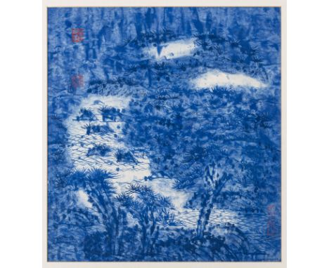 Cheng Xiangxun (geb. 1956)Flusslandschaft im Mondlicht. Datiert 1988, unter Glas gerahmt. Blaue Aquarellfarbe auf Papier. Unt