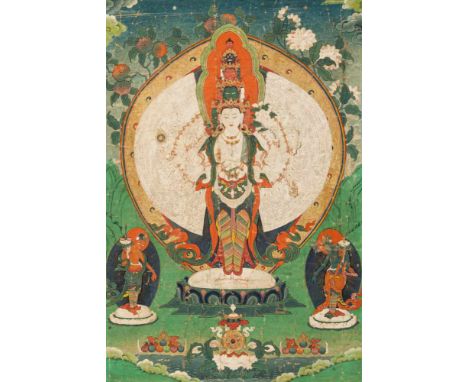   Thangka mit Darstellung des Ekadashalokeshvara mit Brokatmontierung TIBET, 18./19.Jh. 62,5x42,5 cm Provenienz: Aus einer al