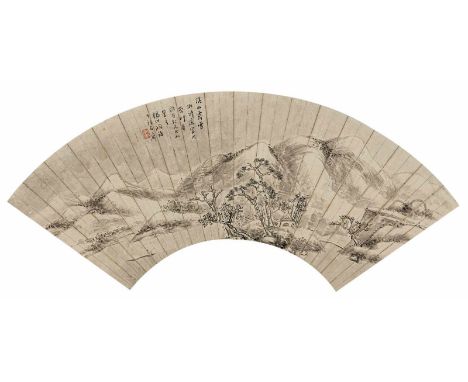  Yang Borun (1837-1911) CHINA, späte Qing-Dynastie 17 x 49 cm R. Verschneite Berglandschaft, Fächerblatt, unter Glas gerahmt