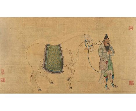   Zwei anonyme Malereien CHINA, 19.Jh. je 31,5 x 55 cm Zwei anonyme Darstellungen von Pferden als Tribut der Barbaren in Tang