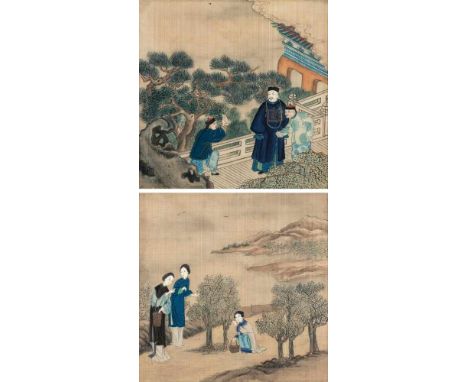   Paar Seidenmalereien m. Darstellung eines Herrschers bzw. Frauen bei der Ernte CHINA, 19. Jh. 21,5 x 21,5cm,R Provenienz: E
