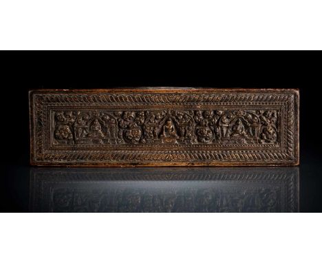   Buchdeckel mit Darstellung von drei Buddhas TIBET, 15.Jh. B. 46,6 cm Vairocana (l), Shakyamuni (M), Akshobhya (r), die Budd