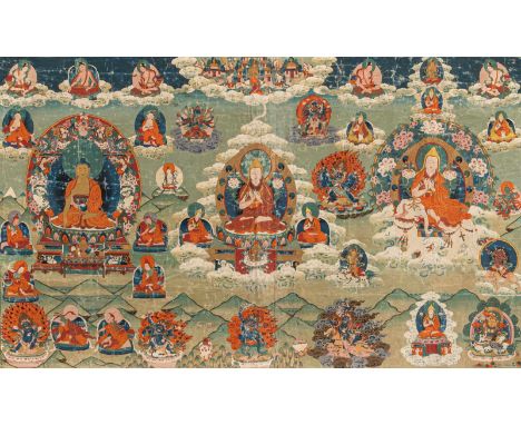   Großes Thangka mit Tsongkhapa und Buddha Shakyamuni in Montierung TIBET, 19.Jh. 75 x 129 cm Provenienz: Aus der Tibet- und 