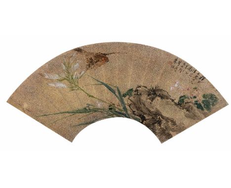   Zhu Cheng (1826-1900) CHINA, datiert 1881 18 x 51 cm R. Gartenfelsen mit Lilie und fliegendem Vogel. Datiert 1881. Fächerbl