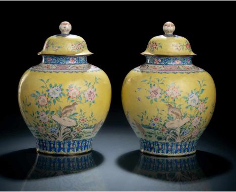   Paar feine Kanton-Email-Deckelvasen mit Wachtel-Blüten-Dekor auf gelbem Fond CHINA, 18./19.Jh. H. 24,5 cm Provenienz: Aus e