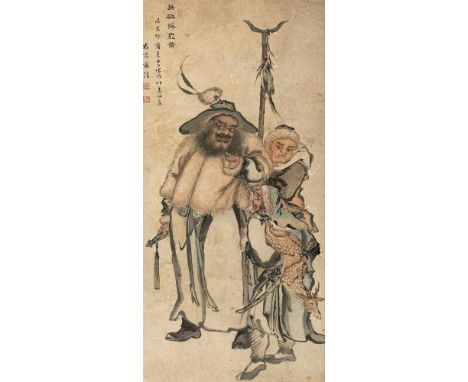   Su Qing: Malerei mit Figuren und Hirsch CHINA, Qing Dynastie 153,5 x 72 cm,R. Titel: yingxiong de lu, Sign. shi jimao puyue