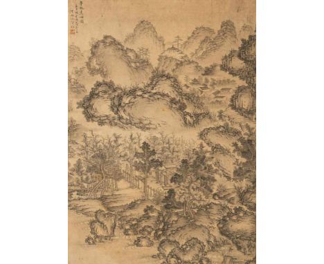   Landschaft im Stil von Ni Zan, Jiao Bingzhen (tätig ca. 1689-1726) attr. CHINA, 18.Jh. 82 x 46 cm R. Berglandschaft mit Gel