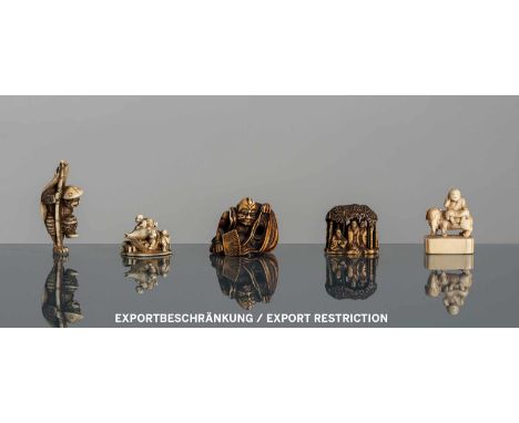   Fünf Netsuke aus Elfenbein mit figuralen Darstellungen JAPAN, drei signiert Ryûchin und kaô, Shungetsu und Ryochi, 19.Jh./M