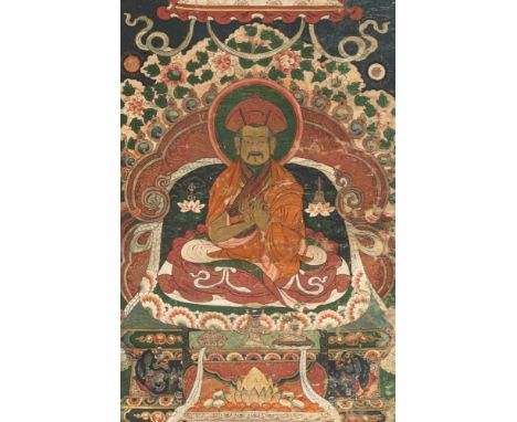   Thangka mit Darstellung eines Mönches der Drukpa-Tradition BHUTAN, 19.Jh. 48 x 31 cm R. Provenienz: Aus einer alten süddeut