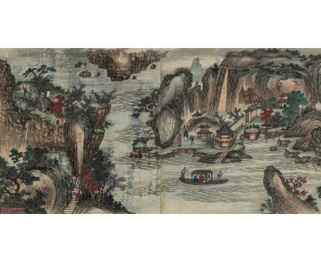   ZWEI ANONYME MALEREIEN KOREA/JAPAN. 19./20. Jh. 27x50/76x50 cm Tempelanlage in den Bergen, Tusche und Farben auf Seide. 29,