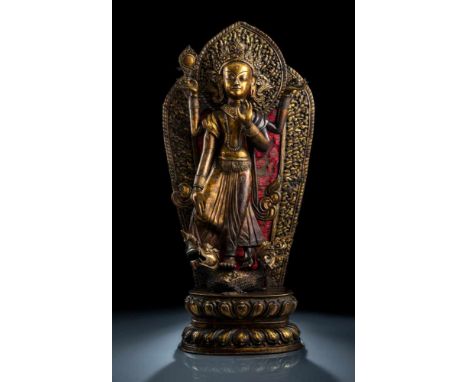   Große vergoldete Repoussé-Figur von Ganga NEPAL, 19.Jh. H. 100 cm Provenienz: Aus der Tibet- und Asien-Sammlung der Gebrüde