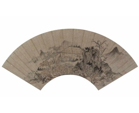   Zhao Zuo CHINA, 17.Jh. B. 53,8 cm Fächermalerei. Gelehrtenklause zwischen Bäumen. Tusche und leichte Farben auf goldgfleckt