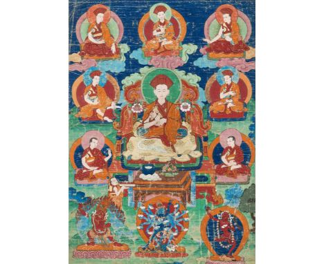   Thangka mit zentraler Darstellung eines Kagyupa Lama TIBET, 19.Jh. 77 x 55 cm R. Provenienz: Aus einer alten norddeutschen 