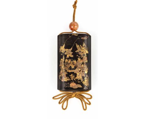   Zweiteiliges Inro mit feinem Dekor von spielenden Kindern auf 'roiro', Ojime aus Achat JAPAN, 19.Jh. 10,2x6 cm Provenienz: 