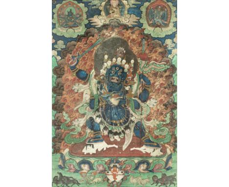   Thangka mit Darstellung des CATURBHUJAMAHAKALA CHINA, spätes 18.Jh. 58 x 38 cm R. Unter Glas gerahmt. Provenienz: Ehemals a