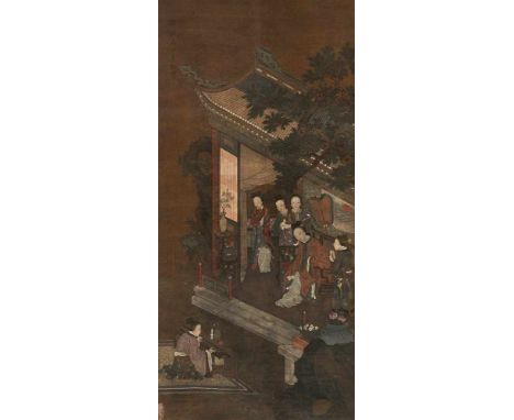   Palastszene mit Damen, Tusche und Farbe auf Seide, unter Glas gerahmt CHINA, signiert und Siegel, späte Qing-Dynastie 84 x 