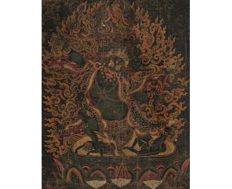   Hayagriva Thangka mit Schwarzgrundmalerei TIBET, 18.Jh. 34 x 27 cm R. Schwarzgrundmalerei. Hayagriva als zornvolle tantrisc