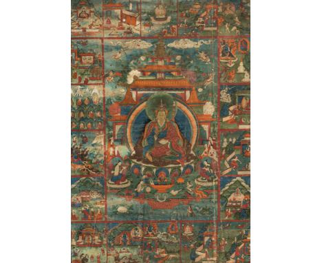   Seltenes Thangka des Padmasambhava BHUTAN, 18.Jh. 73 x 49 cm R. Thangka mit Darstellungen des Paradieses Zangdog Palri und 