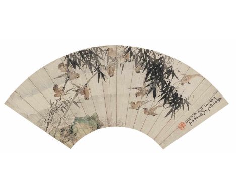   Im Stil von Lu Hui (1851-1920) CHINA, datiert 1885 18 x 49 cm R. Sperlinge im Bambus, datiert 1885. Fächerblatt, unter Glas