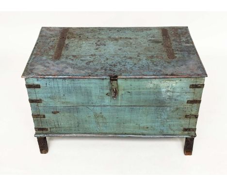 TRUNK, English 19th century blue painted elm and metal bound with rising lid, carrying handles and square supports, 85cm x 52