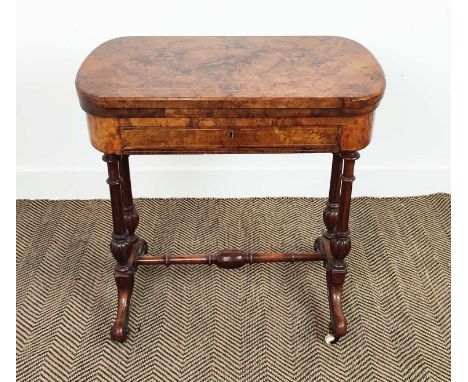 GAMES TABLE, mid Victorian burr walnut with inlaid chess, backgammon and cribbage board detail above a single drawer, 58cm W 