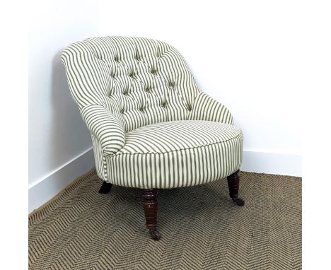 TUB CHAIR, late Victorian mahogany in green and white ticking on ceramic front castors, 72cm H x 67cm x 81cm. 