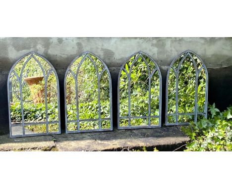 ARCHITECTURAL GARDEN MIRRORS, a set of four, distressed metal frames, 60cm H x 39cm. (4) 