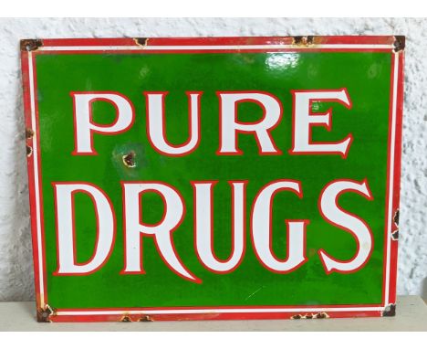 PURE DRUGS, vintage style enamel sign, aged finish 29cm H x 38cm W. 