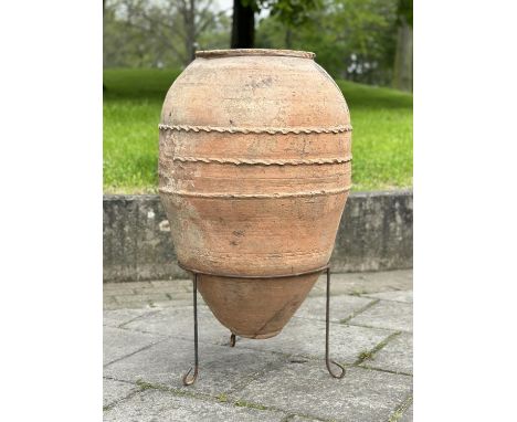 GARDEN OLIVE STYLE JAR PLANTER, well weathered terracotta, with pressed banded detail raised on wrought iron stand, 84cm H. 