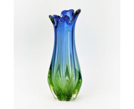 A MURANO GLASS VASE, late 20th century, in blue and green tone, waisted form with a lobed body, 31cm high 