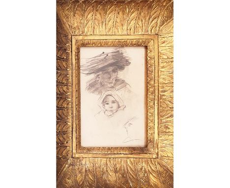 MAURICE MILLIERE (French 1871-1946), 'Sketch of a woman and child', pencil on paper laid down on board, 22cm x 16cm, framed, 