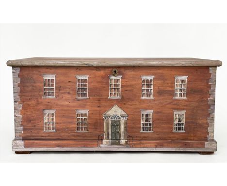 GEORGIAN HOUSE TRUNK, early 19th century pine over painted as an earlier Georgian House on three sides with rising lid, 111cm