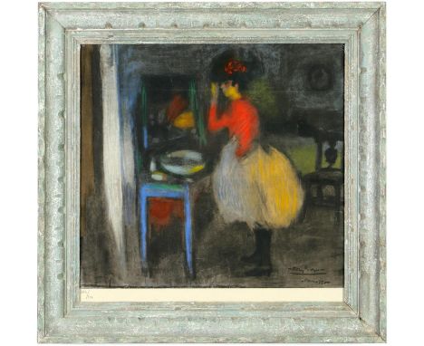 PABLO PICASSO,  Devant le Miroir, pochoir – signed in the plate, rare pencil numbered edition 500, Les Bleus de Barcelona sui