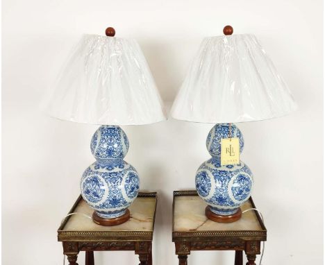 LAUREN RALPH LAUREN HOME TABLE LAMPS, a pair, double gourd design, blue and white glazed ceramic, with shades 69cm H approx. 