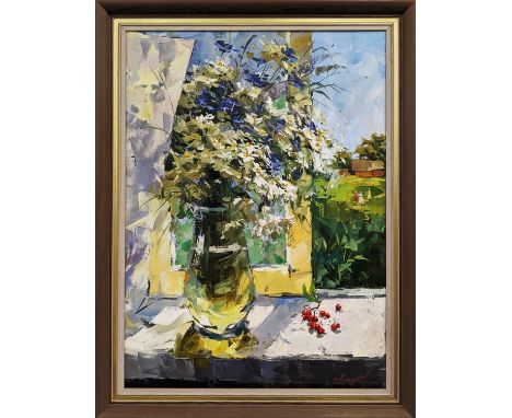 SERGE MENYAYEV (21st century), 'Summer flowers on windowsill', oil on canvas, 68cm x 50cm. 