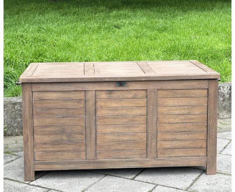 GARDEN STORAGE TRUNK, outdoor weathered teak with hinged lid and side handles, 85cm H x 138cm W x 70cm D. 