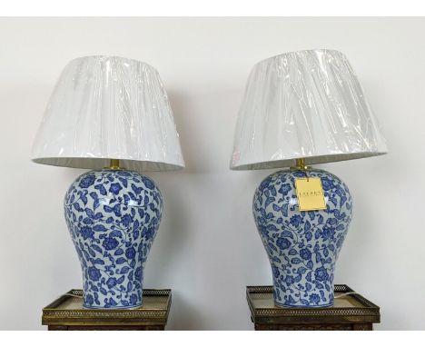 LAUREN RALPH LAUREN HOME TABLE LAMPS, a pair, blue and white glazed ceramic, with shades 69cm H approx. (2) 