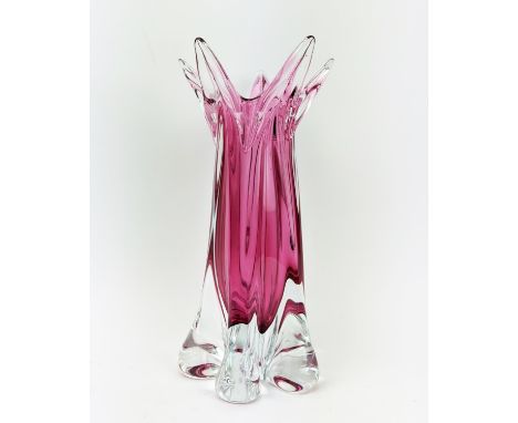 A MURANO STYLE RUBY GLASS VASE, late 20th century, hand blown, with a flared top, lobed body, 30cm high 