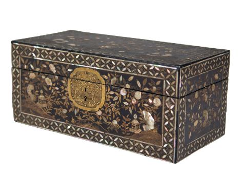 Namban Lacquered Chest. Japan. Early 17th century.Crafted in black lacquered pinewood (urushi), adorned with gold and silver 