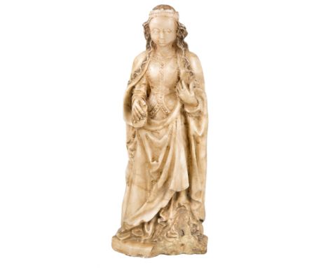 English School. Midlands. Nottingham. Gothic. Circa 1350 - 1375."Virgin"Alabaster sculpture with remnants of polychrome and g