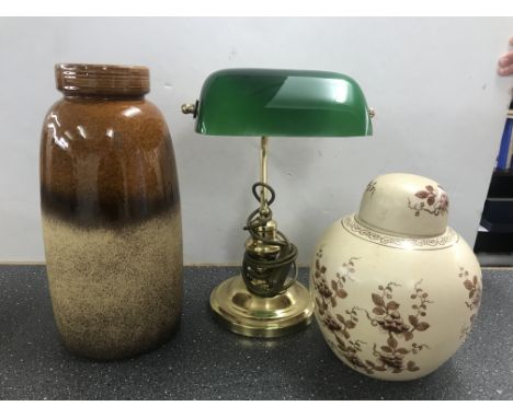 A Benson-style banker's lamp; together with two ceramic vases